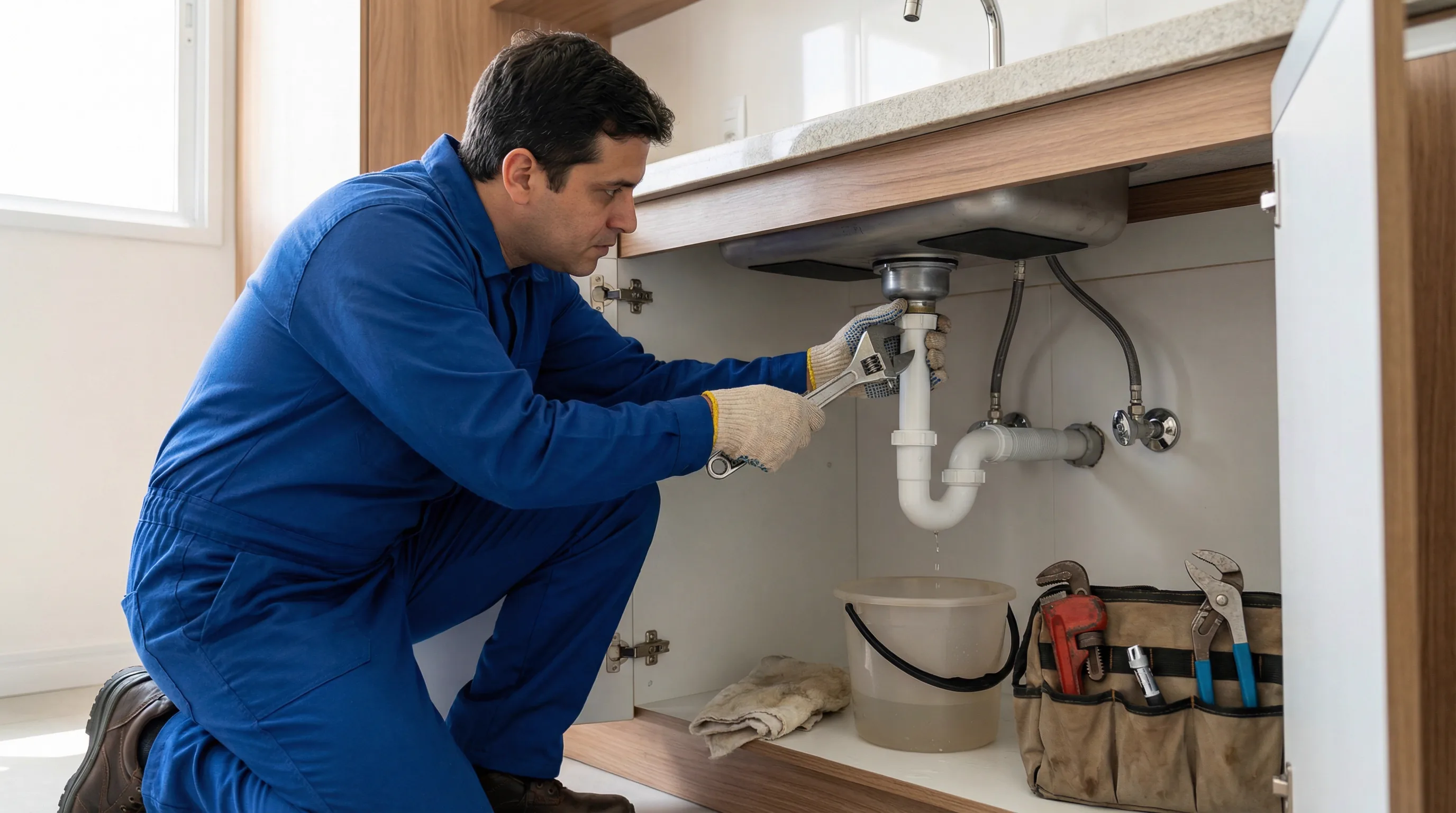 Encanador profissional realizando inspeção hidráulica em residência em nos Setores Complementares, Brasília-DF
